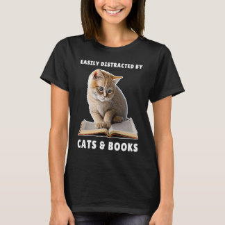 Camiseta Fácilmente Distraído por Gatos y Libros Club de Li