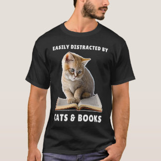 Camiseta Fácilmente Distraído por Gatos y Libros Club de Li