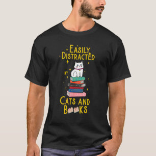 Camiseta Fácilmente Distraído por Gatos y Libros , Gato Ado
