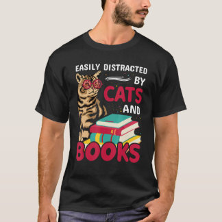 Camiseta Fácilmente Distraído por Gatos y Libros Gato y Lib