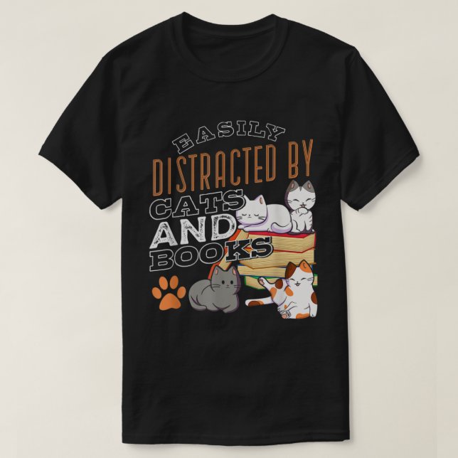 Camiseta Fácilmente Distraído Por Gatos Y Libros Gatos Negr (Diseño del anverso)