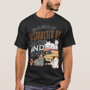 Camiseta Fácilmente Distraído Por Gatos Y Libros Gatos Negr