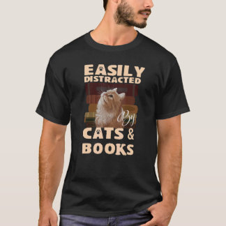 Camiseta Fácilmente Distraído Por Gatos Y Libros Libros Gat