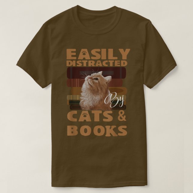 Camiseta Fácilmente Distraído Por Gatos Y Libros Libros Lib (Diseño del anverso)