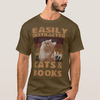 Camiseta Fácilmente Distraído Por Gatos Y Libros Libros Lib