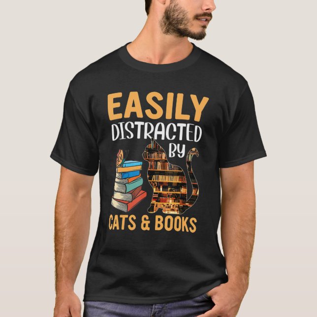 Camiseta Fácilmente Distraído Por Gatos Y Libros Nerd Libro (Anverso)