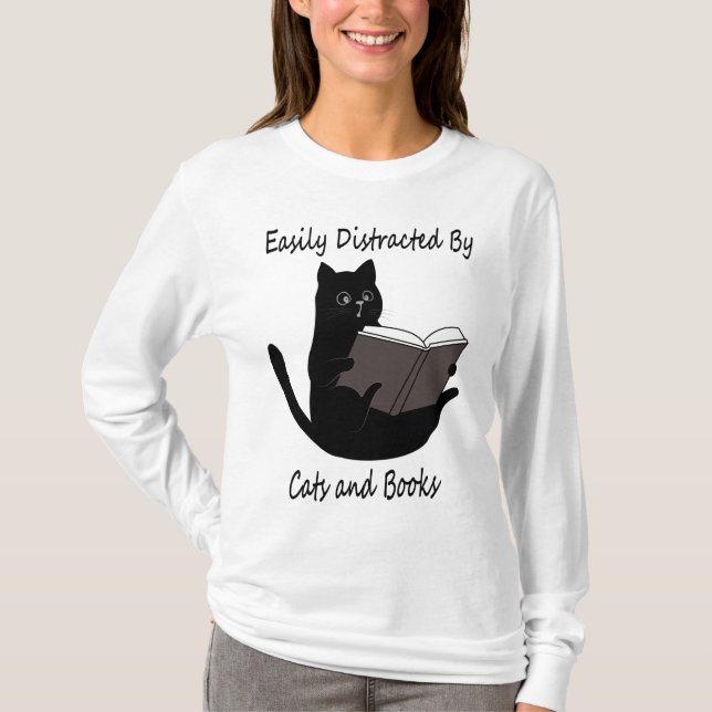 Camiseta Fácilmente Distraído Por Gatos Y Libros, Un Regalo (Anverso)