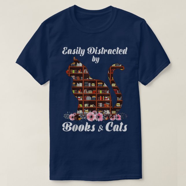 Camiseta Fácilmente Distraído Por Libros Y Gatos, Cat Lover (Diseño del anverso)