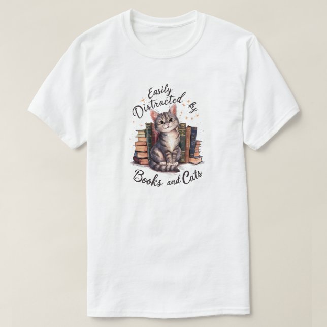 Camiseta Fácilmente distraído por los libros y los gatos (Diseño del anverso)