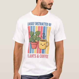 Camiseta Fácilmente Distraído Por Plantas Y Café Vintage