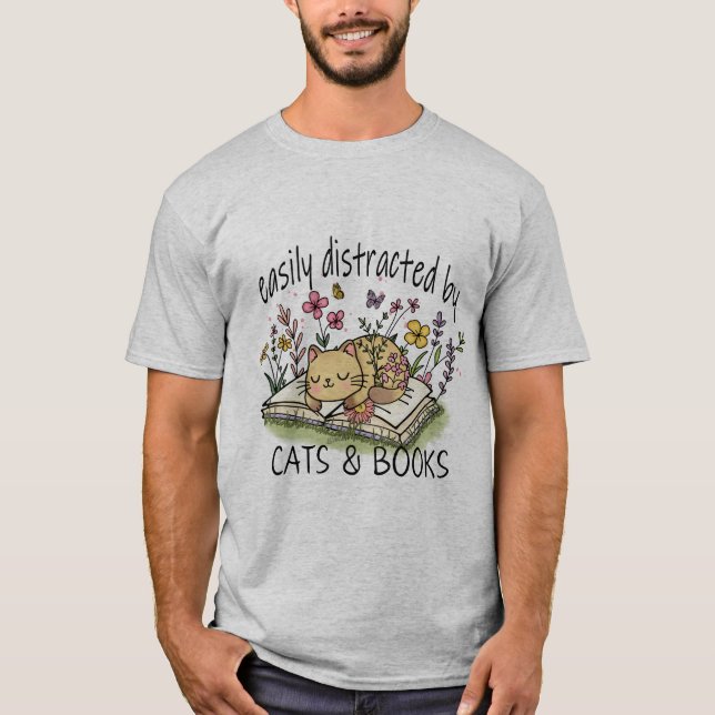 Camiseta Fácilmente distraídos por los Gatos y Libros (Anverso)