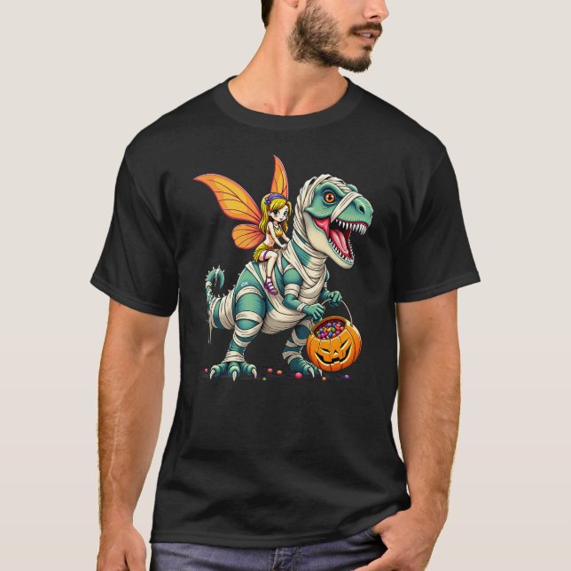Camiseta Fairy Riding Mummy T-Rex Dinosaur Halloween (Anverso)