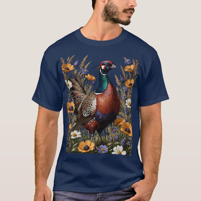 Camiseta Faisán de collar entre flores silvestres de prader (Anverso)