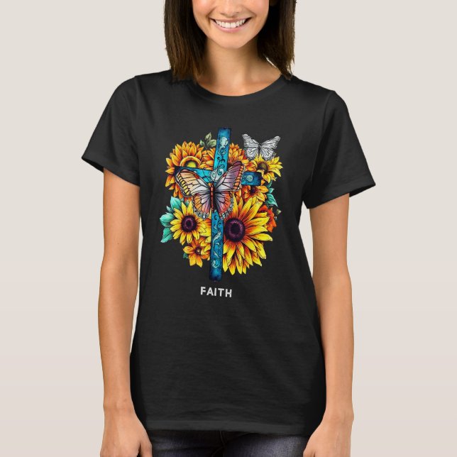 Camiseta Faith Cross Sunflowers Mariposas Christian (Anverso)