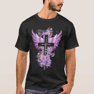 Camiseta Faith Cross Wings Rosa mariposa Flor Valentine