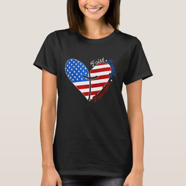 Camiseta Faith Family Freedom American Flag Heart 4th Of Ju (Anverso)