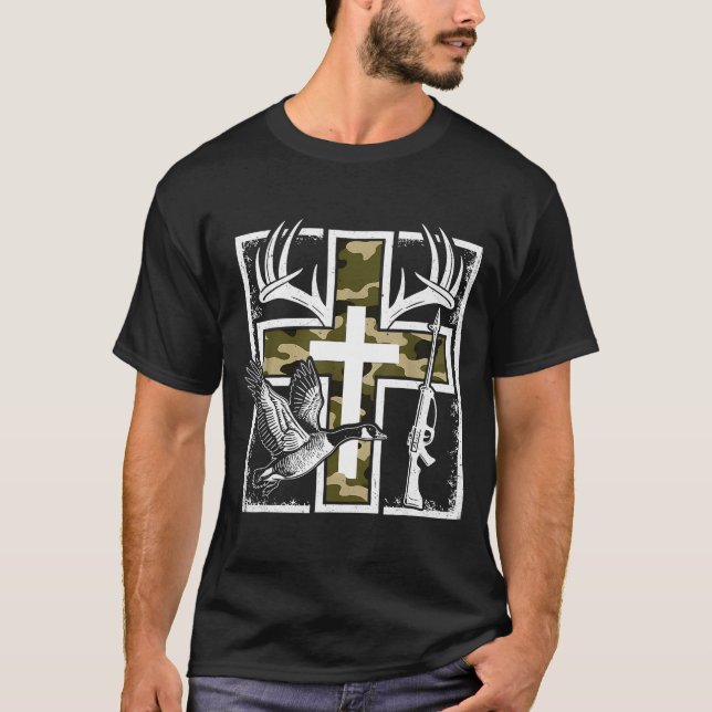 Camiseta Faith Fishing Hunting Camo Cross Duck Deer Christi (Anverso)