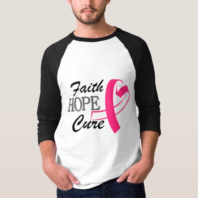 Camiseta Faith Hope Cure Cinta Rosa Awarenes contra el Cánc (Anverso)