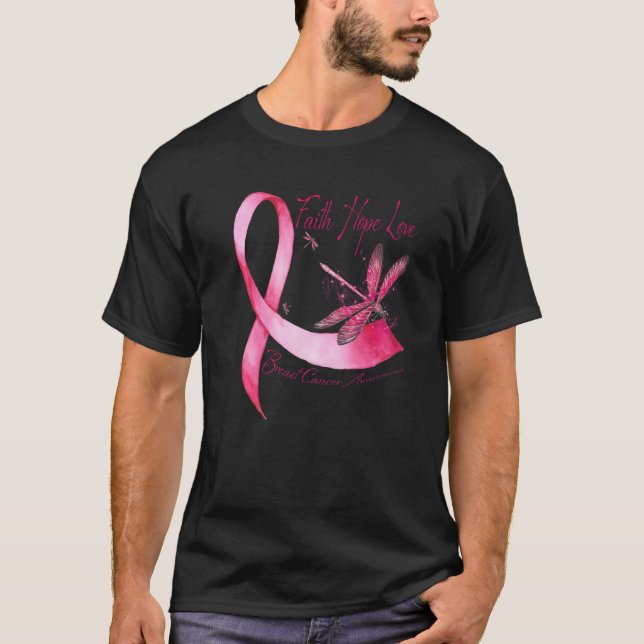 Camiseta Faith Hope Love Dragonfly Pink Ribbon Breast Cance (Anverso)