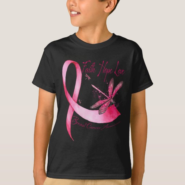Camiseta Faith Hope Love Dragonfly Pink Ribbon Breast Cance (Anverso)