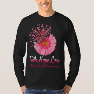 Camiseta Faith Hope Love Dragonfly Pink Sunflower Breast Ca