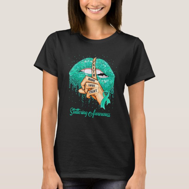 Camiseta Faith Hope Love Fight Verde azulado Ribbon Stutter (Anverso)
