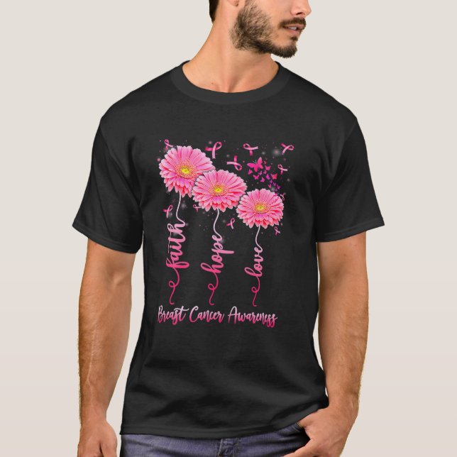 Camiseta Faith Hope Love Flor Cáncer de Mama De Cinta Rosa  (Anverso)