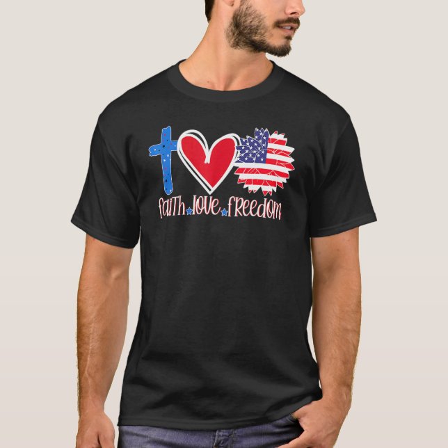 Camiseta Faith Love Freedom Bandera Americana Flor Cristian (Anverso)