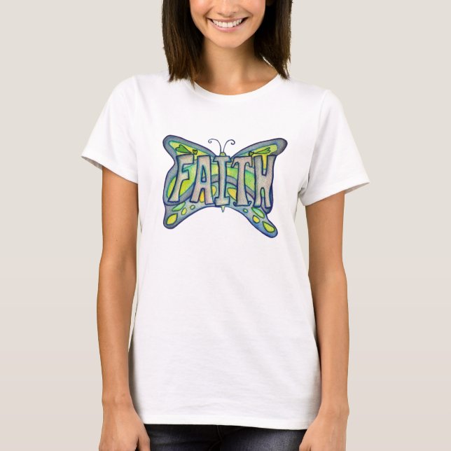 Camiseta Faith Word Art Blue Butterfly Wings Custom TShirts (Anverso)