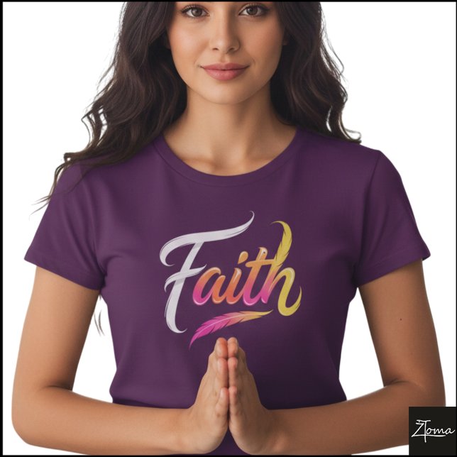 Camiseta Faith Word Neon Glossy Feather Script (Sample design. Several style are available to choose from, with the option to add a name & color.
)