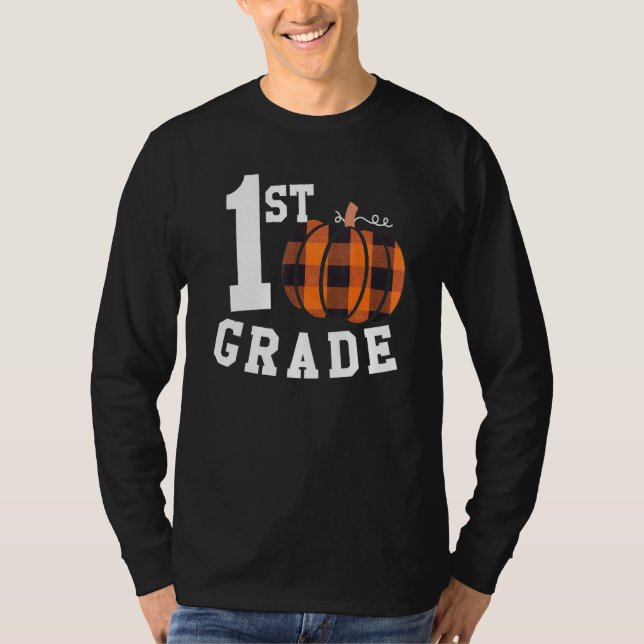 Camiseta Fall 1st Grade Teacher Buffalo Plaid Pumpkin Women (Anverso)