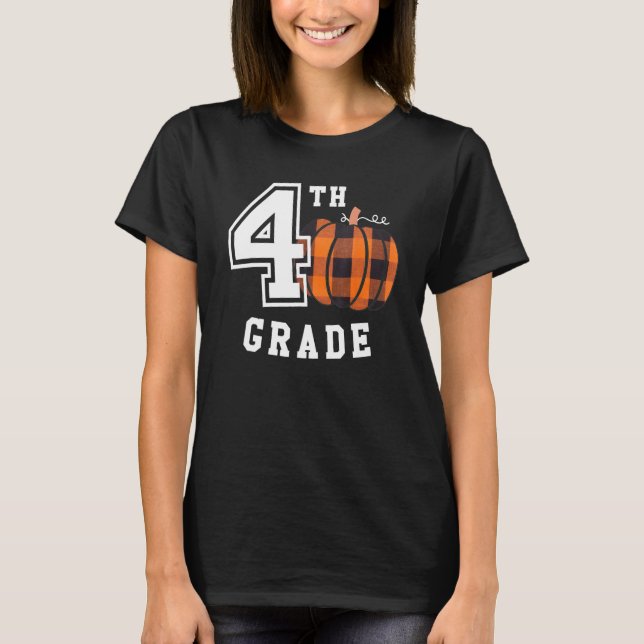 Camiseta Fall 4th Grade Teacher Buffalo Plaid Pumpkin Women (Anverso)