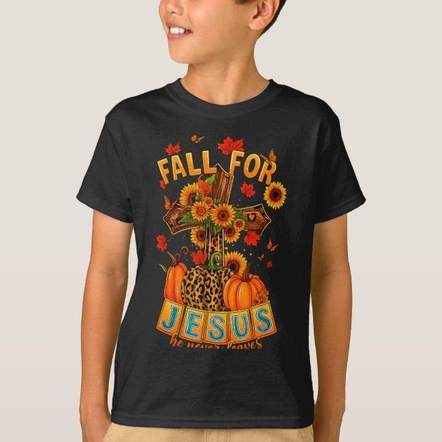 Camiseta Fall For Jesus He Never Leaves Cross Faith Pumpkin (Anverso)