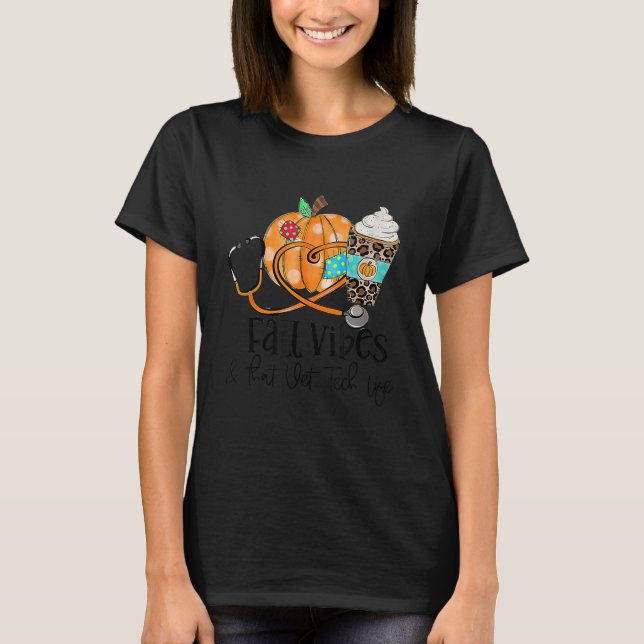 Camiseta Fall Vibes And Vet Tech Life Pumpkin Leopard Thank (Anverso)