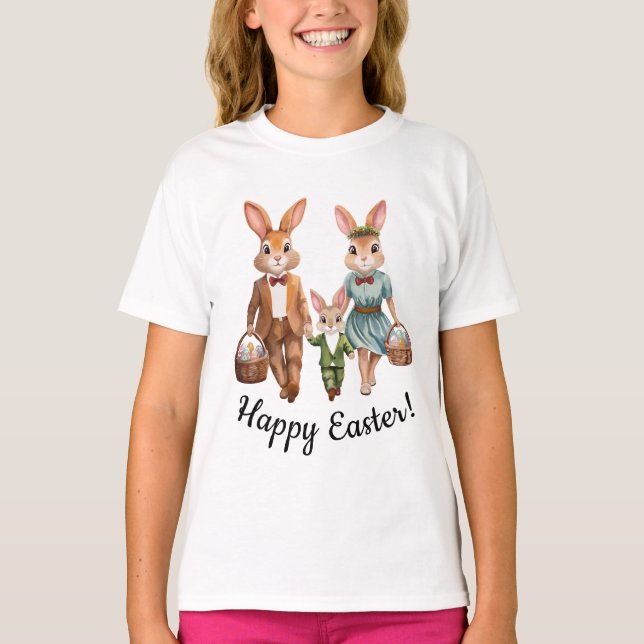 Camiseta Familia Conejo de Pascua persiguiendo huevos (Anverso)