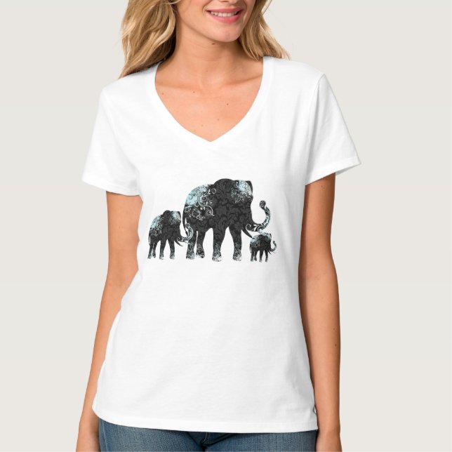 Camiseta Familia de Elefantes de Flores Retro Negra (Anverso)