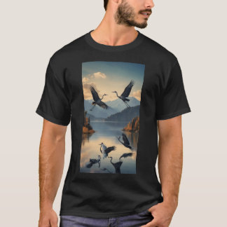 Camiseta Familia de grúas volando sobre un lago con montaña