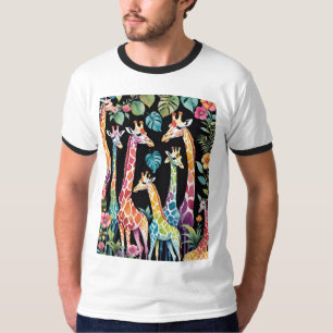 Camiseta Familia de jirafas botánicas con fondo negro