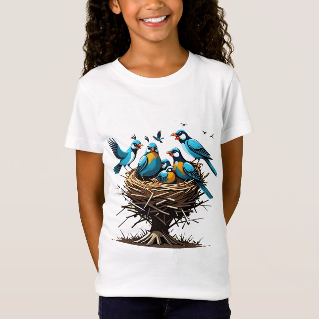 Camiseta Familia de pájaros de corazón en nido (Anverso)