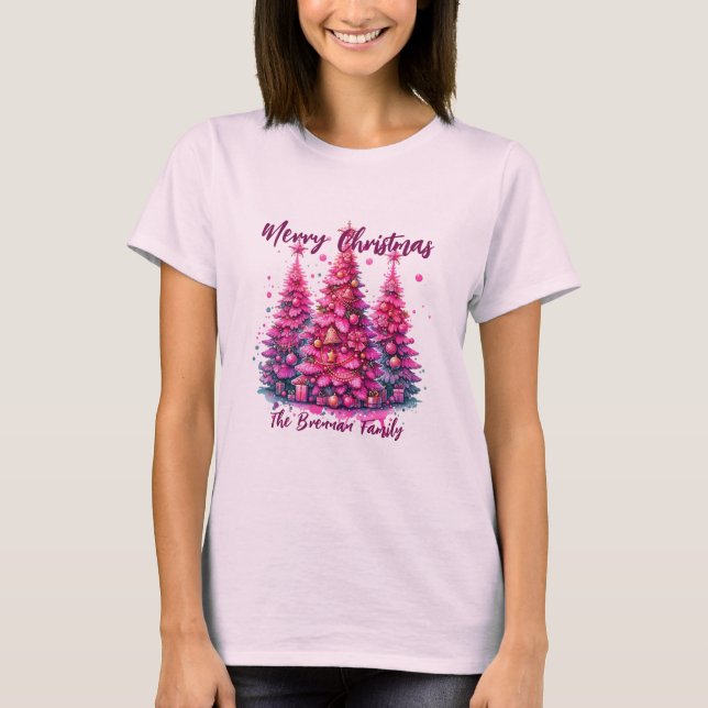 Camiseta Familia personalizada de árbol de Navidad rosa (Anverso)