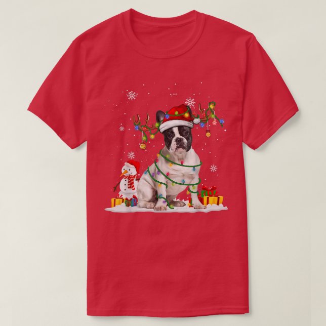 Camiseta Famoso Bulldog Santa Francés Reindeo Fairy Light C (Diseño del anverso)