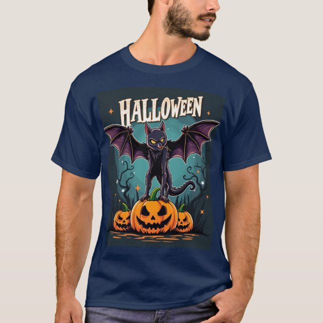 Camiseta Famoso gato de Halloween: Alas murales y calabazas (Anverso)
