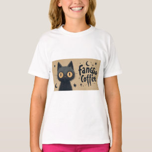 Camiseta Fangs and Coffee Graphic con gato negro grisáceo