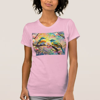 Camiseta Fantasía de Flor de Cerezo Amanecer Pájaros Cantor