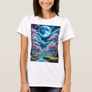 Camiseta Fantasía de la luna azul encantado cerezo flor tee
