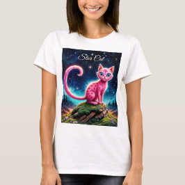 Camiseta Fantasía gato rosa en el bosque nocturno mágico es