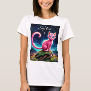 Camiseta Fantasía gato rosa en el bosque nocturno mágico es