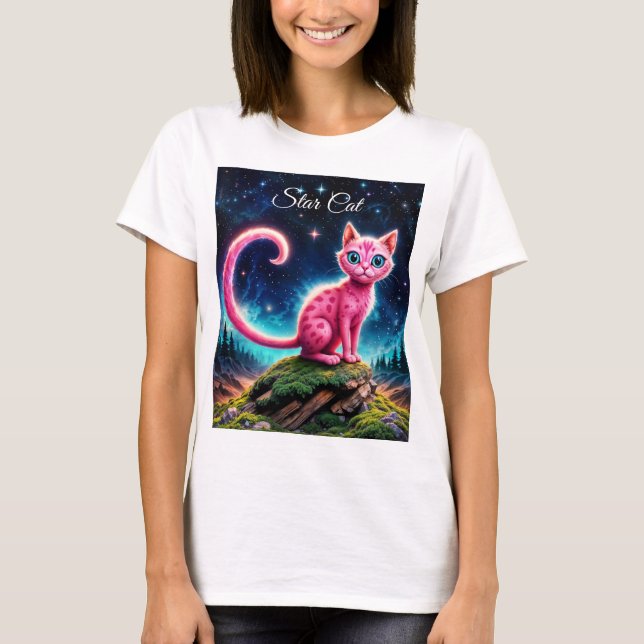 Camiseta Fantasía gato rosa en el bosque nocturno mágico es (Anverso)