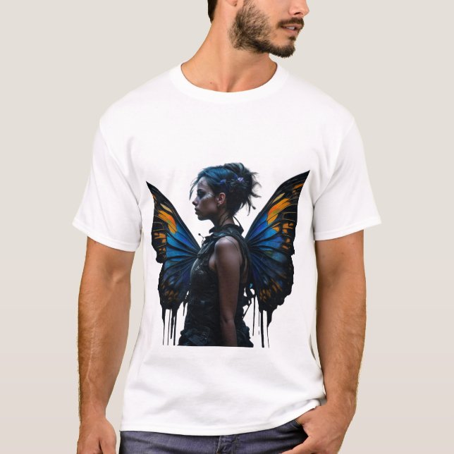 Camiseta Fantasía Mujer y mariposa Alas AI Arte (Anverso)