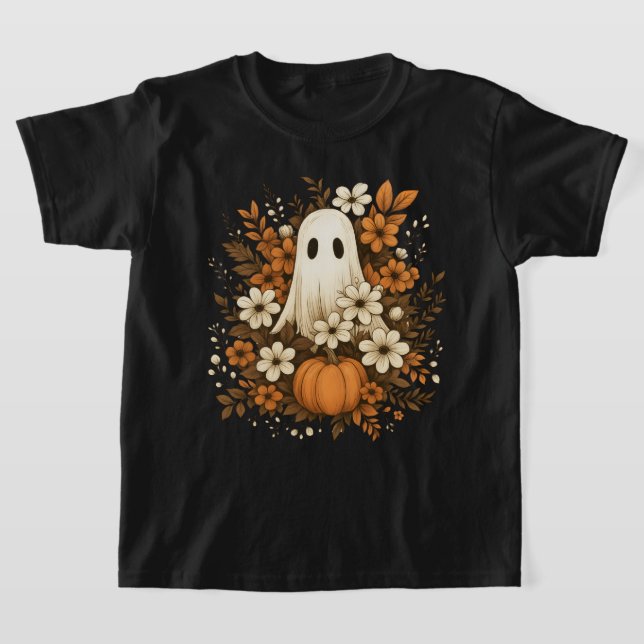 Camiseta Fantasma Adorable Con Calabaza Y Flores De Otoño – (Distribución)
